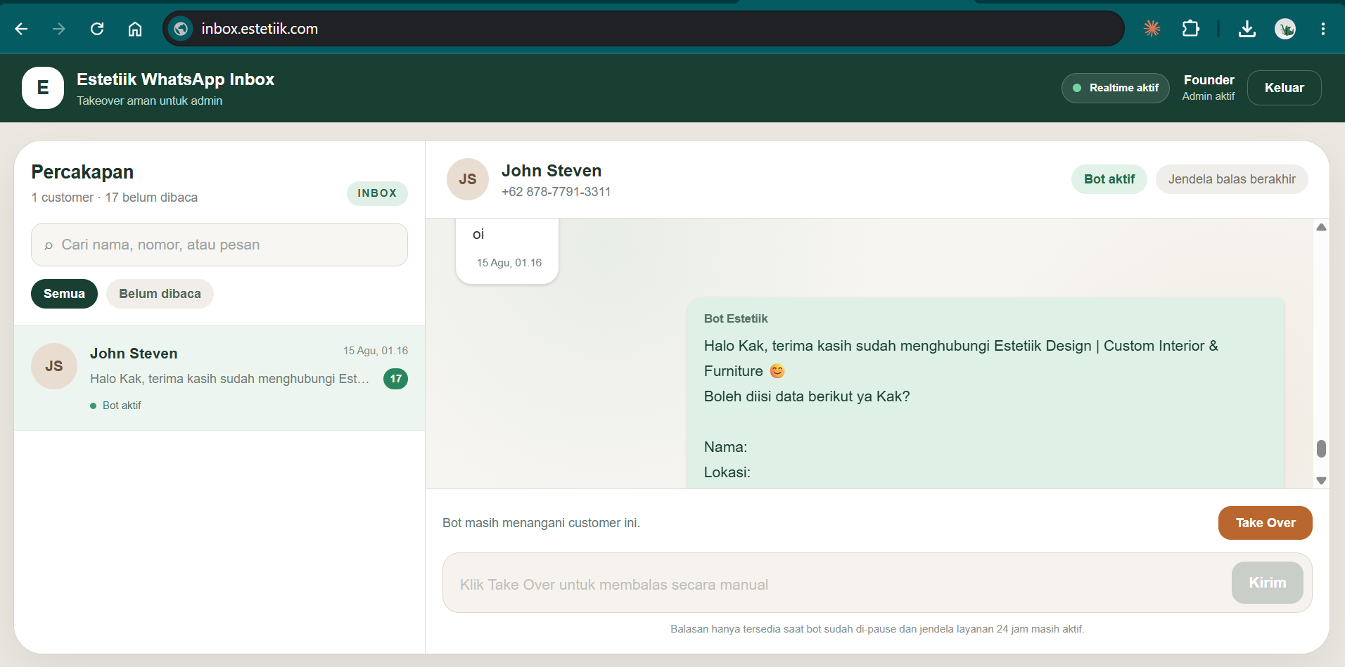 Custom Estetiik WhatsApp inbox showing bot state and manual takeover