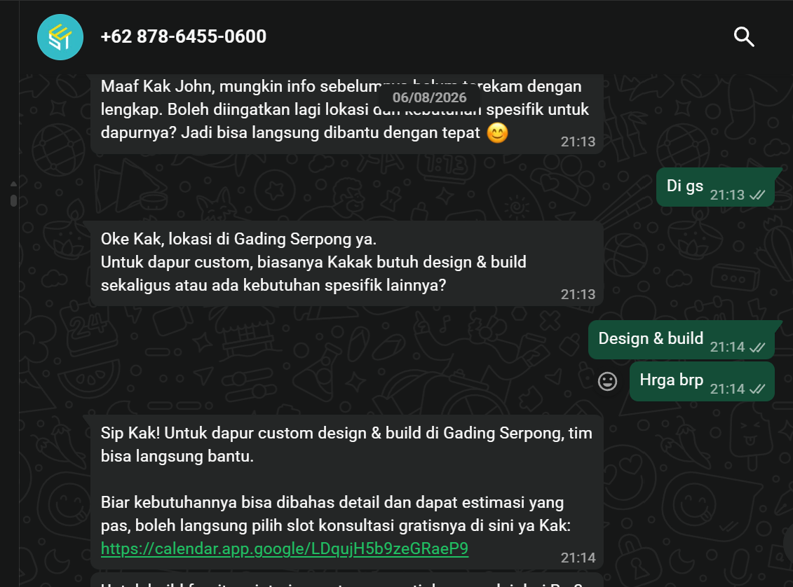 Example internally tested WhatsApp conversation with the AI Sales Assistant